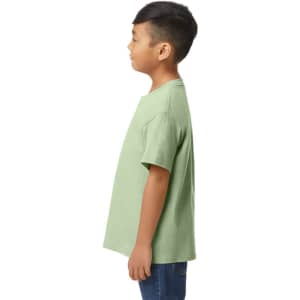 A youth midweight T-shirt in light green, featured from the back, with a logo on the back.