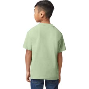 A green youth midweight T-shirt displayed on a child from the side, featuring a simple cut and short sleeves.