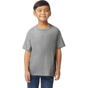 A youth midweight t-shirt in grey, featuring short sleeves and a round neckline, with a logo displayed.