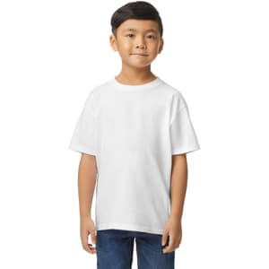 A white Gildan Softstyle youth midweight t-shirt displayed on a child, with a branding logo visible.