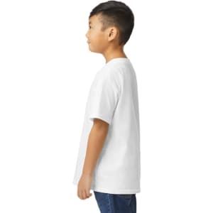 A white youth midweight t-shirt, displayed from the back, worn by a child wearing blue jeans. The shirt has a logo.
