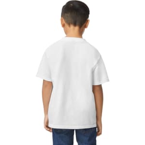 A youth midweight T-shirt in white, featuring a standard crew neckline and short sleeves, worn by a boy.