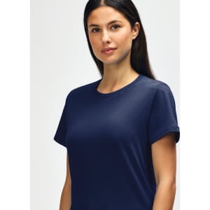 A close-up of a navy blue Gildan Softstyle ladies midweight T-shirt featuring a round neckline and short sleeves.