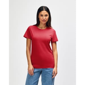 A red Gildan Softstyle ladies midweight T-shirt, featuring a classic crew neck and short sleeves.
