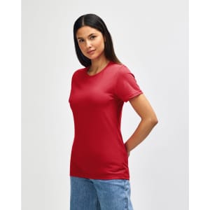A red midweight T-shirt for ladies, featuring short sleeves and a classic fit, with a logo present.