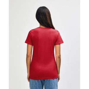 A red Gildan Softstyle ladies midweight t-shirt displayed from the back, featuring a fitted design and short sleeves.