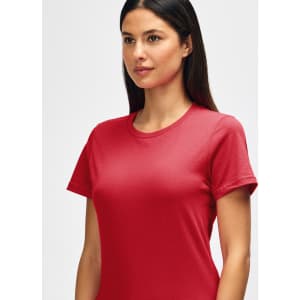 A red midweight T-shirt for ladies, featuring a classic crew neck and a simple logo.