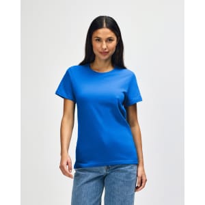 A blue midweight T-shirt for ladies displayed on a model, featuring short sleeves and a round neckline.