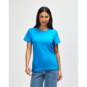 A midweight T-shirt in bright turquoise, featuring short sleeves and a crew neck, modelled by a woman.