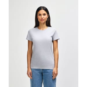 A midweight grey ladies' t-shirt with a classic crew neckline and short sleeves. Features a logo.