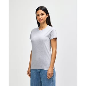 A grey midweight T-shirt for ladies, featuring short sleeves and a fitted silhouette. It includes a logo.