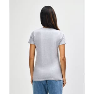 A grey ladies' midweight T-shirt with short sleeves and a fitted style, featuring a logo on the back.
