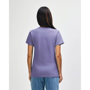A midweight women's t-shirt in lavender, featuring a back view with short sleeves and a fitted silhouette.