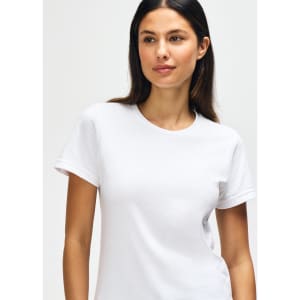 A white midweight t-shirt for ladies, featuring a round neckline and short sleeves, with a small logo present.