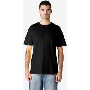 A black, short-sleeved t-shirt, featuring a relaxed fit and no label, worn by a model.