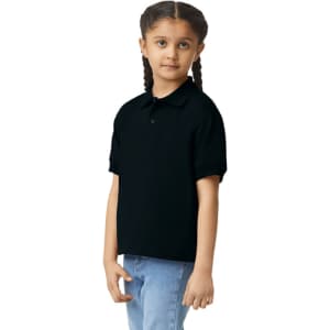 A black Gildan youth polo shirt displayed on a girl, featuring a collar and short sleeves.
