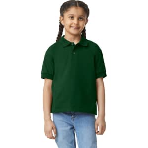 A green youth polo shirt with a collar and short sleeves, worn by a smiling girl.