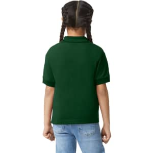 A green Gildan youth polo shirt viewed from the back, featuring short sleeves and a collar.