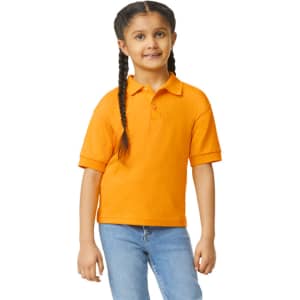 An orange youth polo shirt with short sleeves, featuring a collar and two buttons, accompanied by a logo.