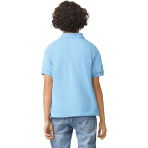 A youth polo shirt in light blue, viewed from the back. Features short sleeves and a collar, with a logo.