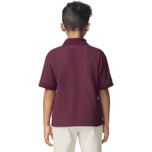 A boy wearing a maroon Gildan youth polo shirt, viewed from the back, with short sleeves and a collar.