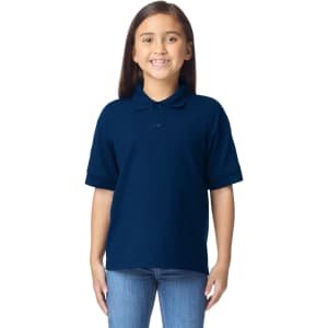 A navy blue youth polo shirt featuring a collar and short sleeves, with a logo on the front.