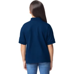 A navy blue youth polo shirt with short sleeves, featuring a collar and a back view.