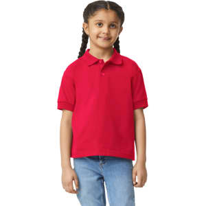 A red polo shirt for youth with short sleeves and a collar, featuring a logo.