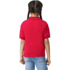 A red Gildan youth polo shirt viewed from the back, featuring short sleeves and a collar.