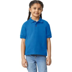 A blue Gildan youth polo shirt with a collar and short sleeves, featuring a logo.