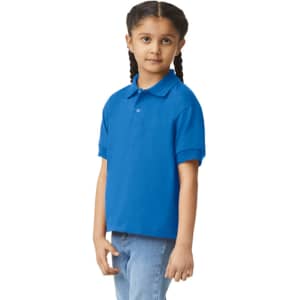 A youth polo shirt in bright blue, featuring a collar and short sleeves, with a logo on the chest.