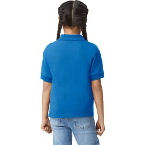 A blue Gildan youth polo shirt viewed from the back, featuring short sleeves and a collar.