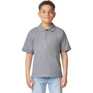 A grey Gildan youth polo shirt with a collar and short sleeves, featuring a logo on the chest.