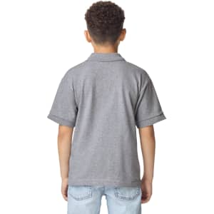 A grey youth polo shirt with short sleeves, featuring a collar and rolled cuffs, viewed from the back.