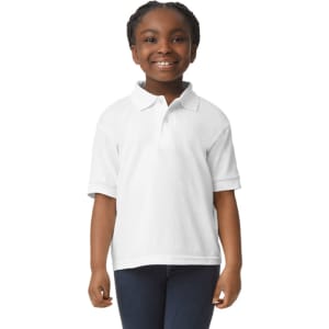 A white youth polo shirt with a collar, featuring short sleeves and a logo.