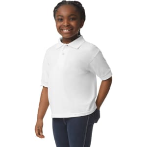 A white Gildan youth polo shirt, featuring a classic polo collar and short sleeves. The shirt has a logo on it.