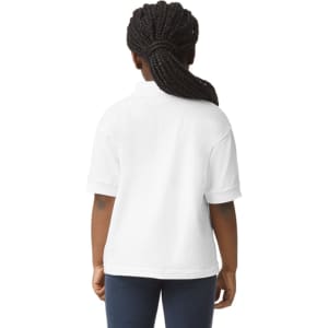 A white youth polo shirt with short sleeves, featuring a logo on the back.
