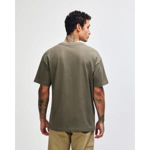 A back view of an olive green American Apparel Super Heavyweight T-Shirt, featuring a plain design and a brand logo.