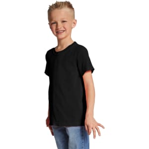 A youth short sleeve T-shirt in black, displayed by a smiling boy wearing casual jeans. The shirt features a logo.