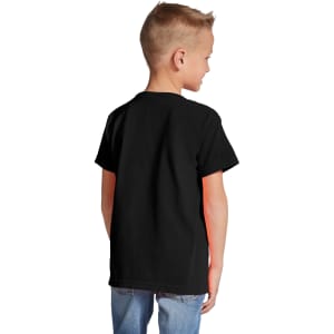 A black youth short sleeve t-shirt displayed from the back, featuring a logo on the upper back area.