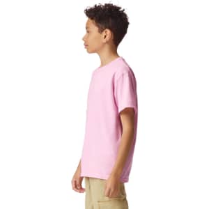 A youth short sleeve t-shirt in pink, featuring a simple design and a logo on the garment.