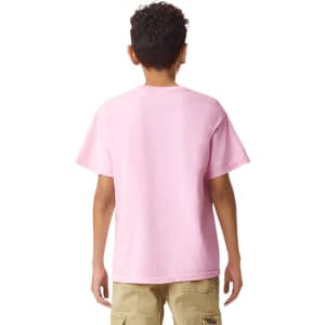 A youth short sleeve T-shirt in light pink, featuring a plain back and a logo.