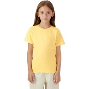A yellow youth short sleeve T-shirt with a classic crew neck, featuring a simple design and a logo.