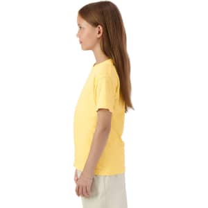 A yellow youth short sleeve t-shirt with a logo, displayed on a model from the side.