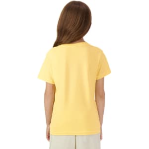 A yellow youth short sleeve t-shirt with a plain back, featuring a logo on the label.