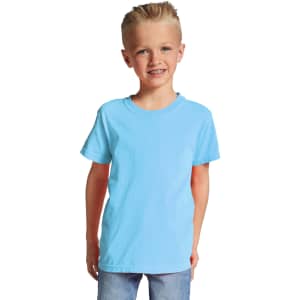 A light blue youth short sleeve t-shirt displayed on a smiling child, featuring a logo.