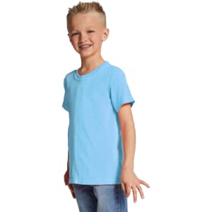 A light blue youth short sleeve t-shirt displayed on a smiling child, with a logo on the shirt.