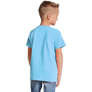 A light blue youth short sleeve T-shirt displayed from the back, featuring a simple design and short sleeves.
