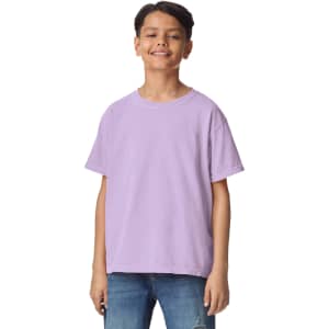 A youth short sleeve t-shirt in lavender, featuring a relaxed fit and a logo on the front.