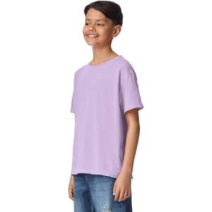 A purple short sleeve t-shirt positioned on a model, featuring a relaxed fit and simple design.
